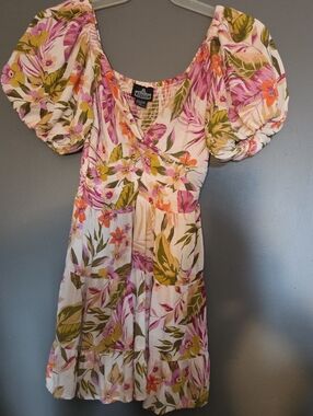 Angie Floral Puff-Sleeve Mini Dress - Cream, Pink & Green